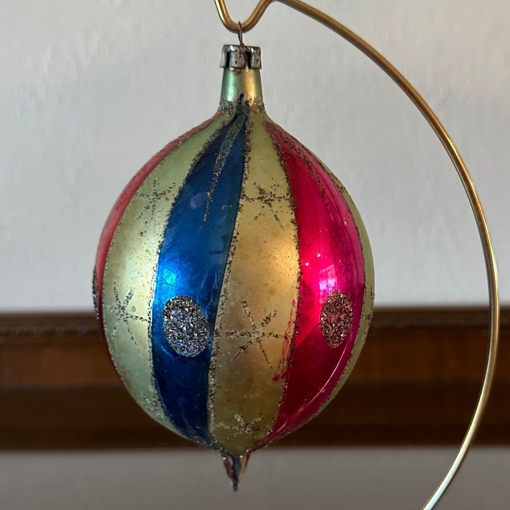 Vintage Poland Jumbo 6'' Teardrop Mica Glass Christmas Ornament Multi Color